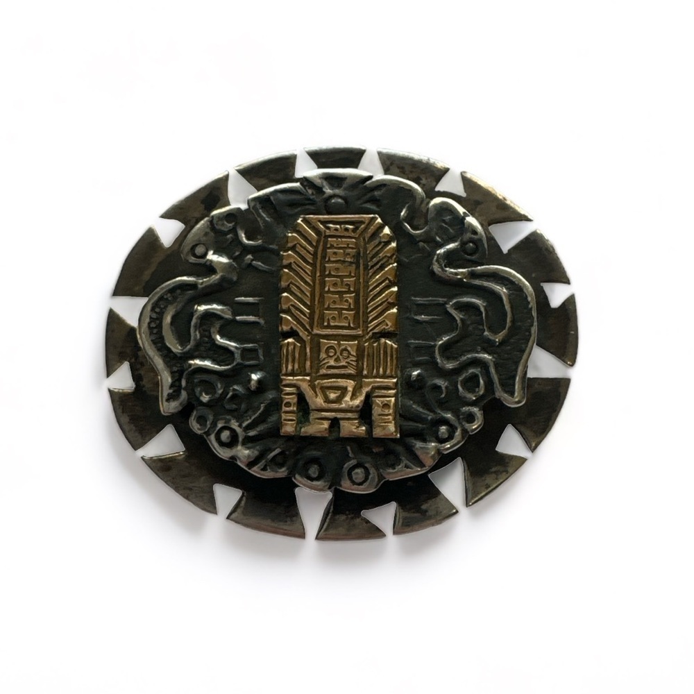 Antique 18KT Gold & Silver Aztec Handmade Hand Cut Pin Brooch